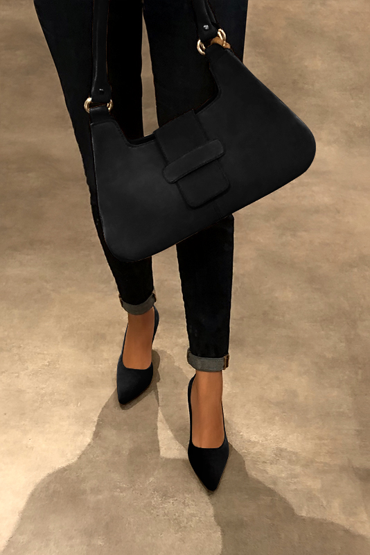 Matt black women's dress pumps,with a square neckline. Tapered toe. Medium comma heels. Worn view - Florence KOOIJMAN